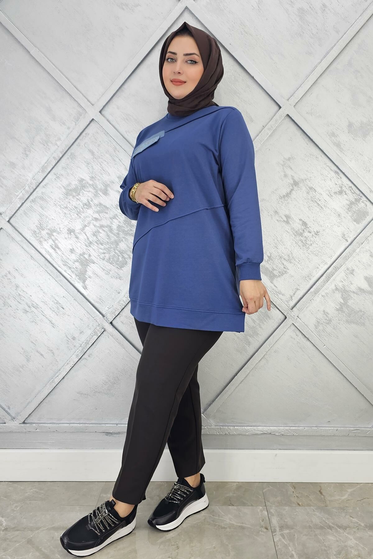 KADIN CEP GÖRÜNÜMLÜ TESETTÜR TUNİK İNDİGO - 2XL