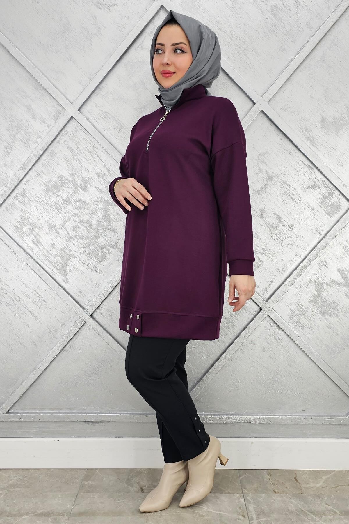 KADIN FERMUAR DETAYLI TESETTÜR TUNİK MOR - 2 BEDEN