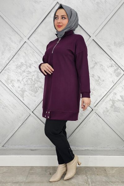 KADIN FERMUAR DETAYLI TESETTÜR TUNİK MOR - 2 BEDEN