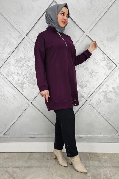 KADIN FERMUAR DETAYLI TESETTÜR TUNİK MOR - 2 BEDEN