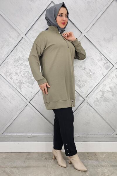 KADIN FERMUAR DETAYLI TESETTÜR TUNİK HAKİ - 2 BEDEN