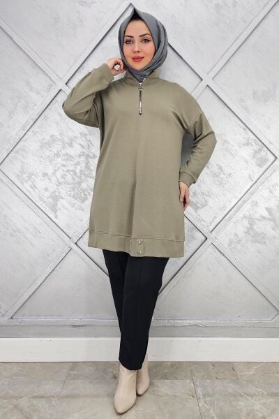 KADIN FERMUAR DETAYLI TESETTÜR TUNİK HAKİ - 2 BEDEN