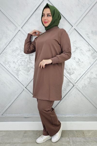 KADIN OMUZ DÜĞME DETAYLI TESETTÜR TAKIM VİZON - 3XL