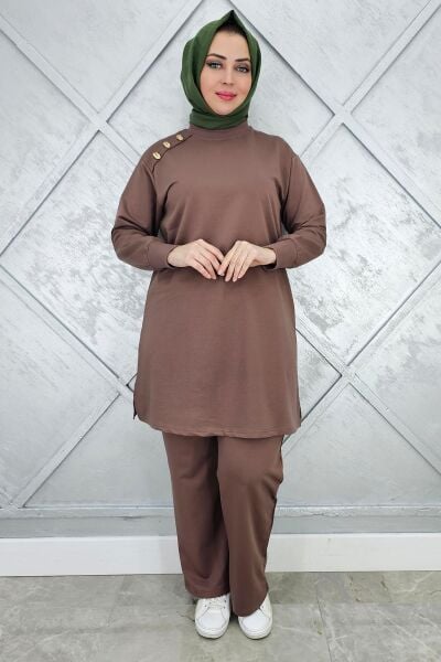 KADIN OMUZ DÜĞME DETAYLI TESETTÜR TAKIM VİZON - 3XL