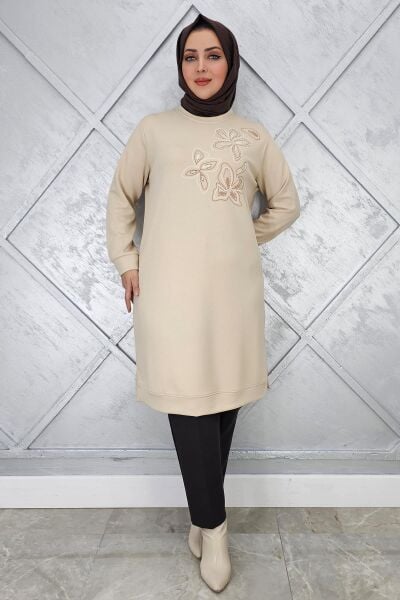 KADIN BASKI VE TAŞ DETAYLI TESETTÜR TUNİK BEJ - 3 BEDEN