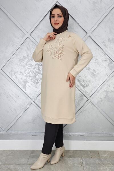 KADIN BASKI VE TAŞ DETAYLI TESETTÜR TUNİK BEJ - 3 BEDEN