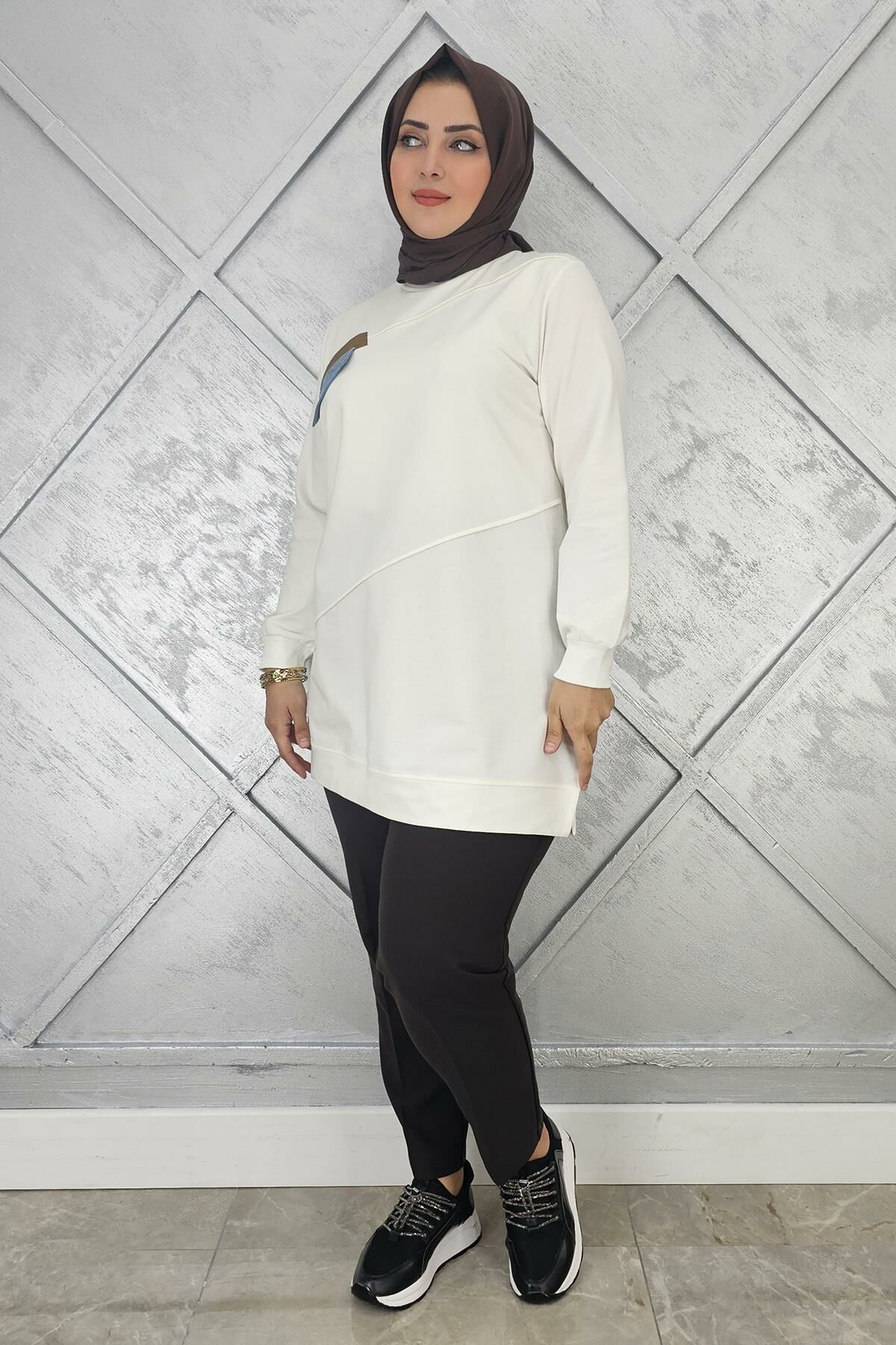 KADIN CEP GÖRÜNÜMLÜ TESETTÜR TUNİK EKRU - 2XL