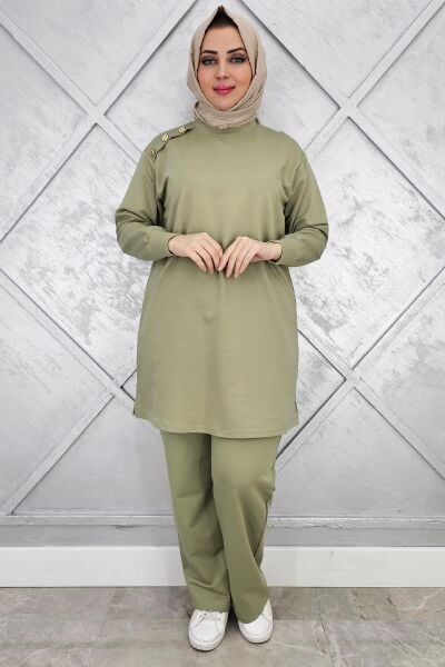 KADIN OMUZ DÜĞME DETAYLI TESETTÜR TAKIM HAKİ - 3XL