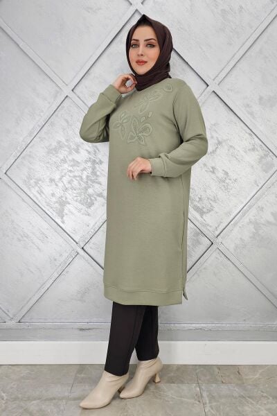 KADIN BASKI VE TAŞ DETAYLI TESETTÜR TUNİK HAKİ - 5 BEDEN