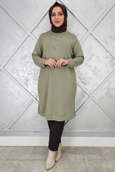 KADIN BASKI VE TAŞ DETAYLI TESETTÜR TUNİK HAKİ - 5 BEDEN