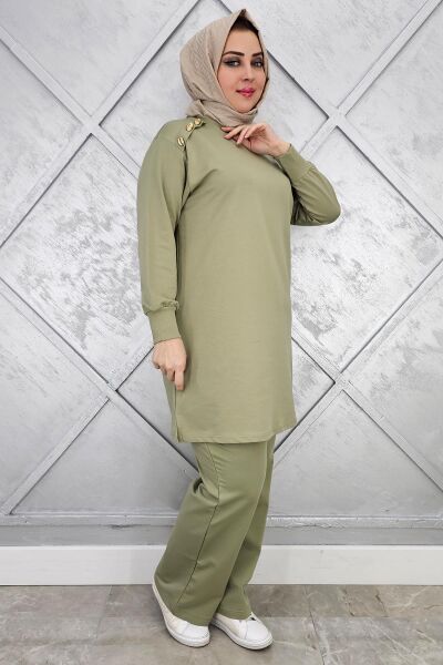 KADIN OMUZ DÜĞME DETAYLI TESETTÜR TAKIM HAKİ - 2XL