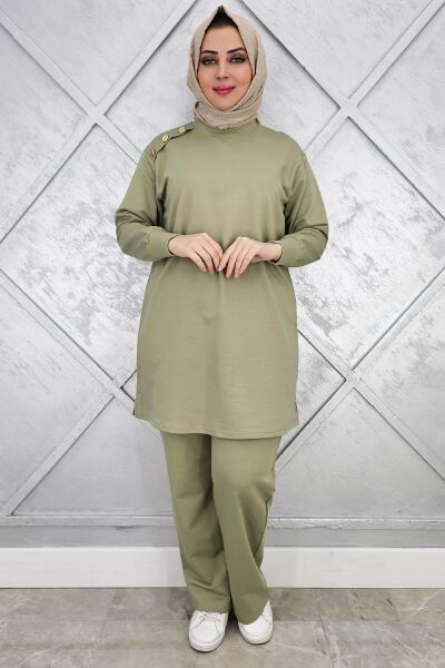 KADIN OMUZ DÜĞME DETAYLI TESETTÜR TAKIM HAKİ - 2XL