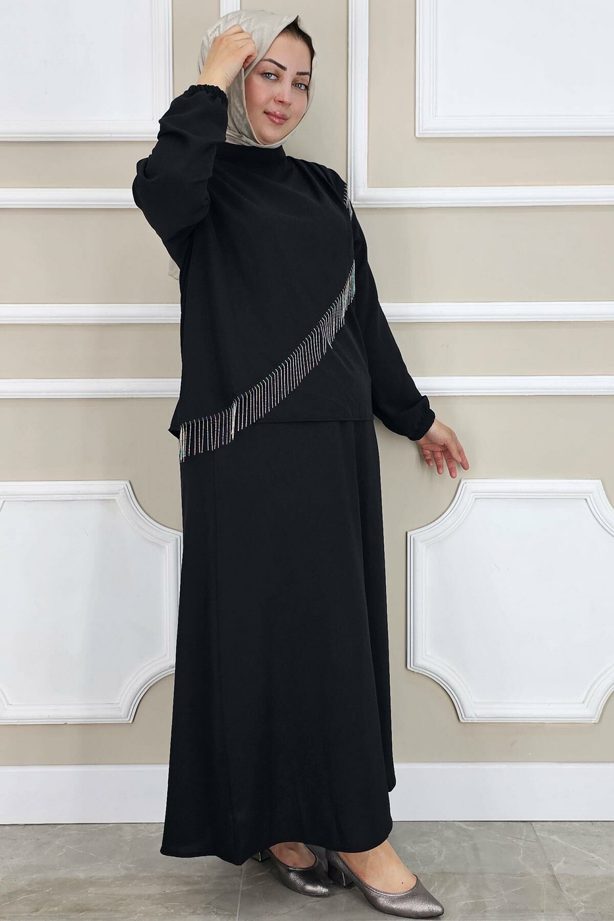 PYS KADIN PÜSKÜL AKSESUARLI TESETTÜR TAKIM SİYAH - 3 BEDEN