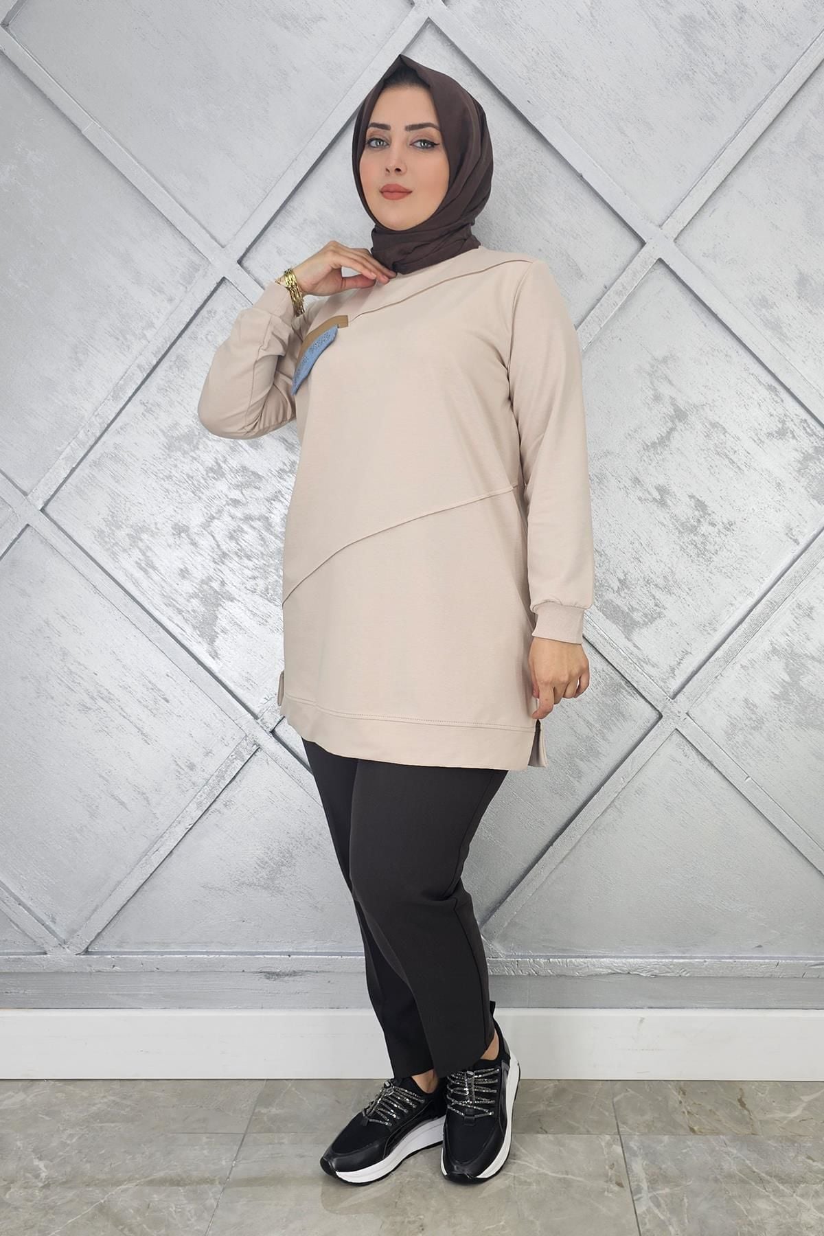 KADIN CEP GÖRÜNÜMLÜ TESETTÜR TUNİK BEJ - 3XL