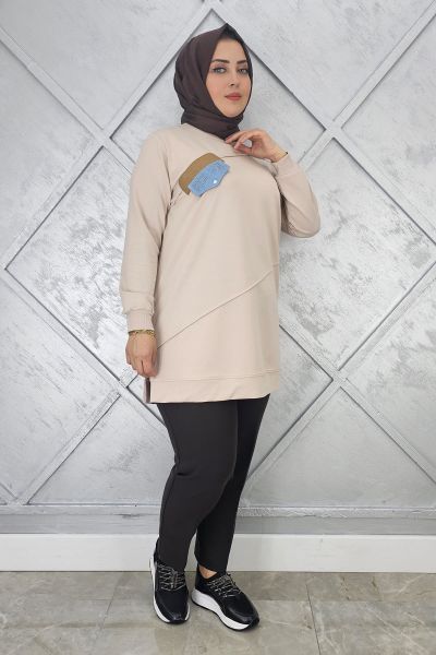 KADIN CEP GÖRÜNÜMLÜ TESETTÜR TUNİK BEJ - 3XL