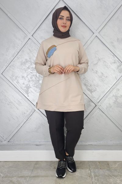 KADIN CEP GÖRÜNÜMLÜ TESETTÜR TUNİK BEJ - 3XL