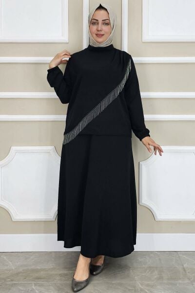 PYS KADIN PÜSKÜL AKSESUARLI TESETTÜR TAKIM SİYAH - 4 BEDEN