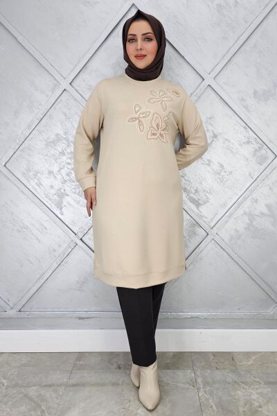 KADIN BASKI VE TAŞ DETAYLI TESETTÜR TUNİK BEJ - 5 BEDEN