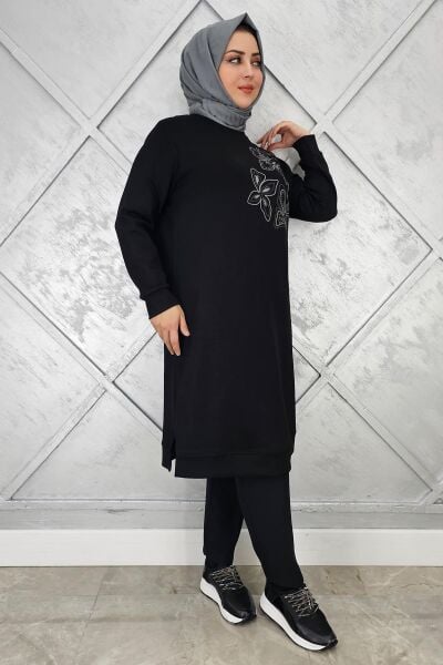 KADIN BASKI VE TAŞ DETAYLI TESETTÜR TUNİK SİYAH - 3 BEDEN
