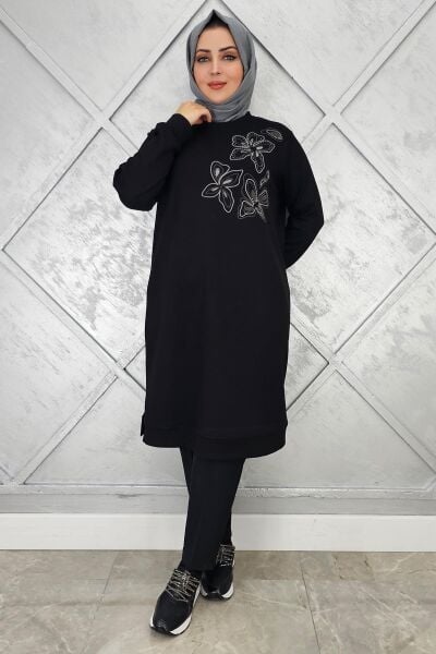 KADIN BASKI VE TAŞ DETAYLI TESETTÜR TUNİK SİYAH - 4 BEDEN