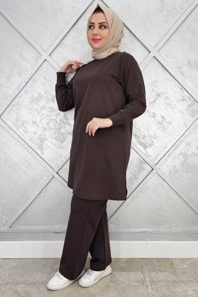 KADIN OMUZ DÜĞME DETAYLI TESETTÜR TAKIM KAHVERENGİ - 3XL