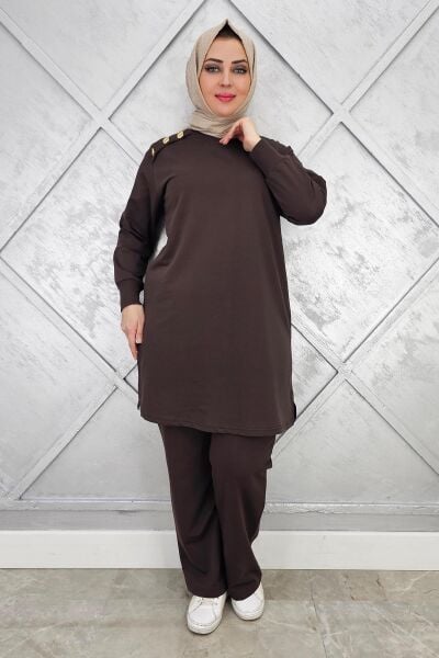 KADIN OMUZ DÜĞME DETAYLI TESETTÜR TAKIM KAHVERENGİ - 3XL