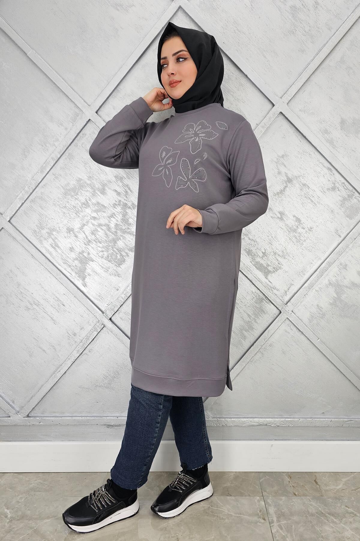KADIN BASKI VE TAŞ DETAYLI TESETTÜR TUNİK GRİ - 2 BEDEN