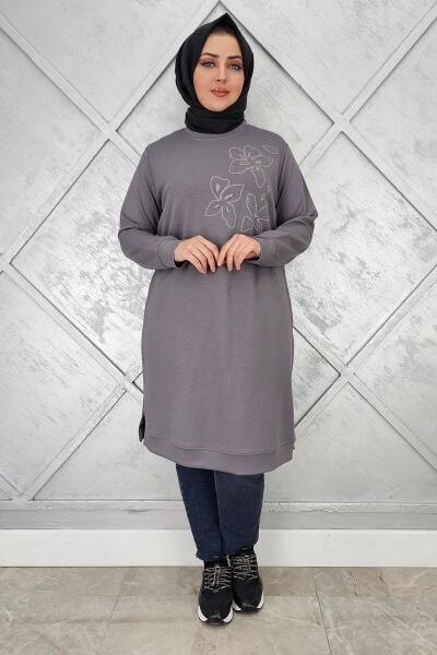 KADIN BASKI VE TAŞ DETAYLI TESETTÜR TUNİK GRİ - 2 BEDEN