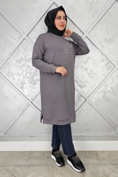KADIN BASKI VE TAŞ DETAYLI TESETTÜR TUNİK GRİ - 2 BEDEN