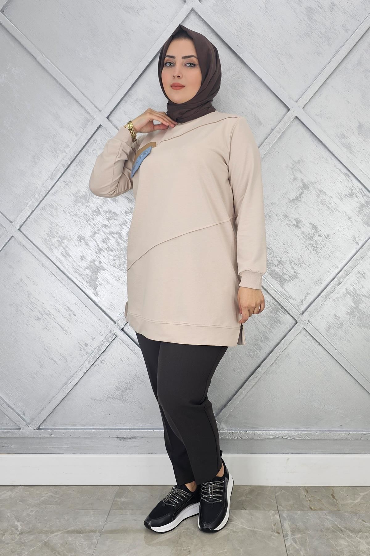KADIN CEP GÖRÜNÜMLÜ TESETTÜR TUNİK BEJ - XL
