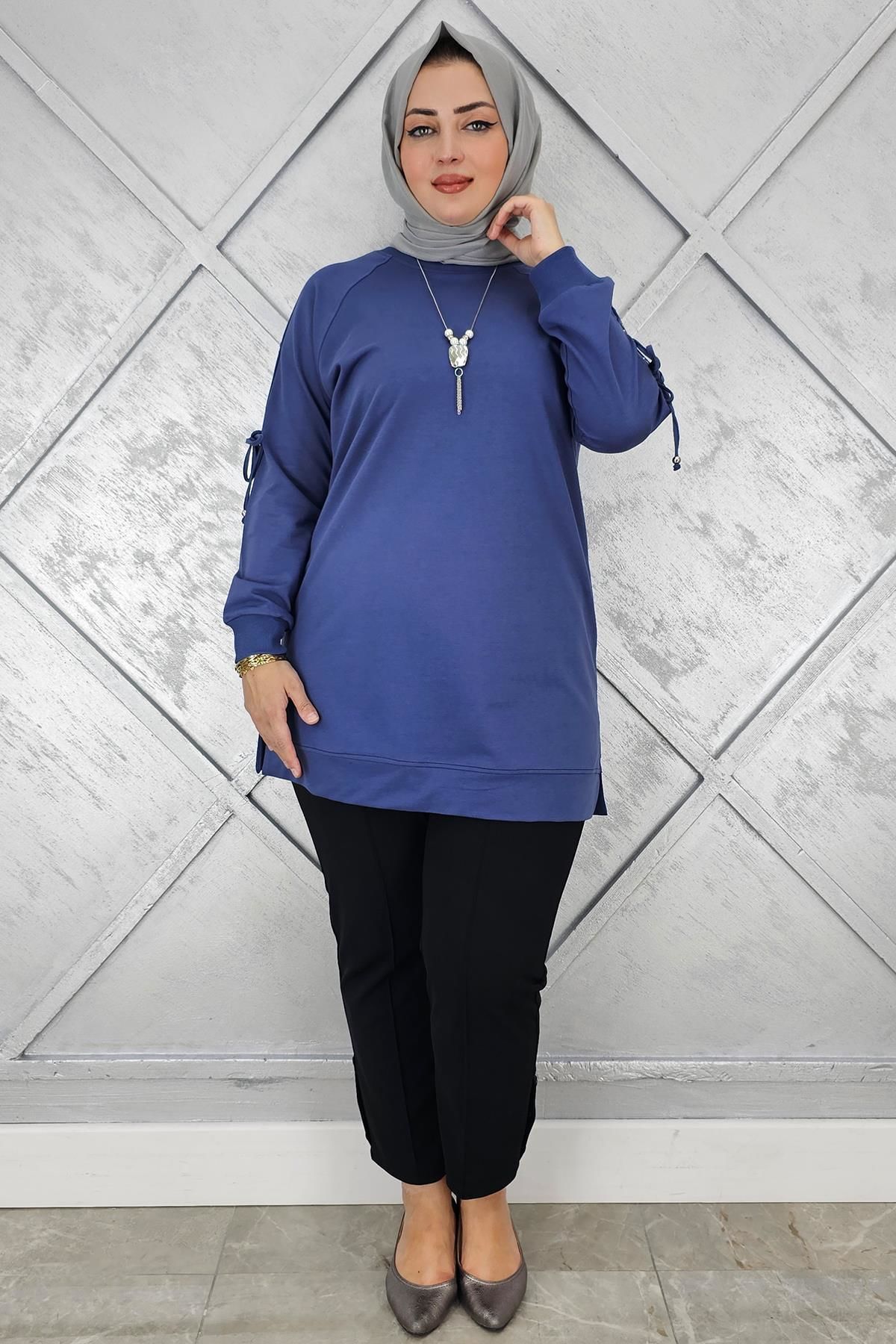 KADIN KOLU AKSESUAR DETAYLI TESETTÜR TUNİK İNDİGO - 3 BEDEN