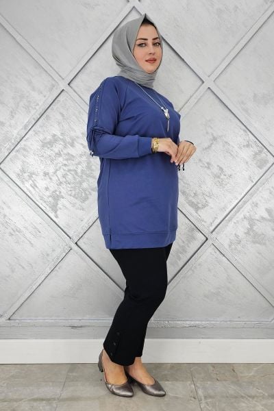 KADIN KOLU AKSESUAR DETAYLI TESETTÜR TUNİK İNDİGO - 3 BEDEN