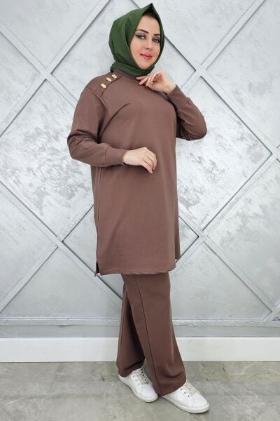 KADIN OMUZ DÜĞME DETAYLI TESETTÜR TAKIM VİZON - XL