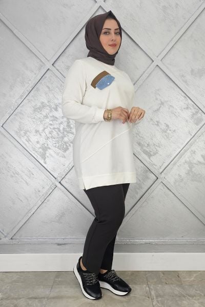 KADIN CEP GÖRÜNÜMLÜ TESETTÜR TUNİK EKRU - XL