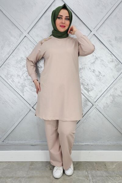 KADIN OMUZ DÜĞME DETAYLI TESETTÜR TAKIM BEJ - 2XL