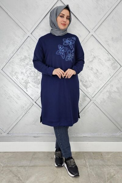 KADIN BASKI VE TAŞ DETAYLI TESETTÜR TUNİK LACİVERT - 3 BEDEN
