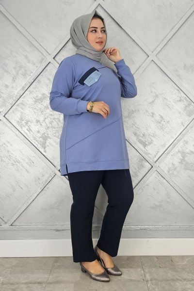 KADIN CEP GÖRÜNÜMLÜ TESETTÜR TUNİK MAVİ - 2XL