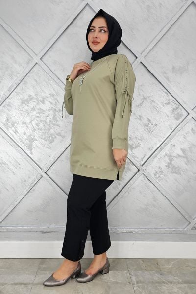 KADIN KOLU AKSESUAR DETAYLI TESETTÜR TUNİK MİNT YEŞİLİ - 2 BEDEN