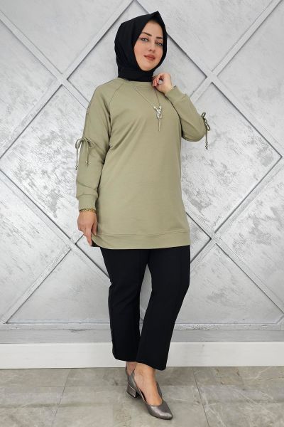 KADIN KOLU AKSESUAR DETAYLI TESETTÜR TUNİK MİNT YEŞİLİ - 2 BEDEN