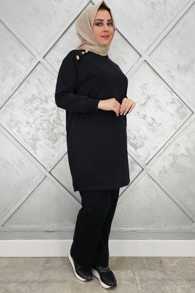 KADIN OMUZ DÜĞME DETAYLI TESETTÜR TAKIM SİYAH - 3XL