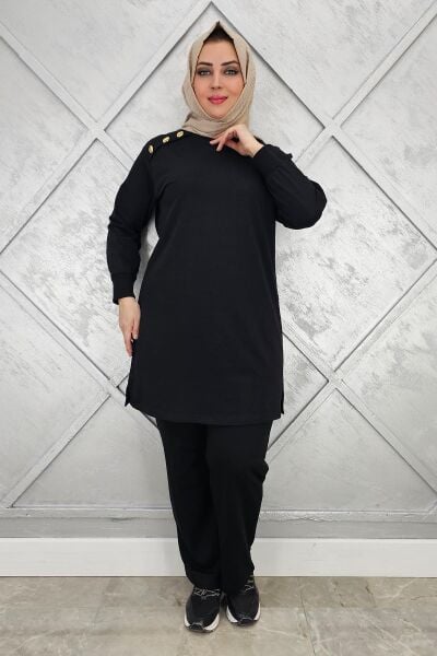 KADIN OMUZ DÜĞME DETAYLI TESETTÜR TAKIM SİYAH - 3XL
