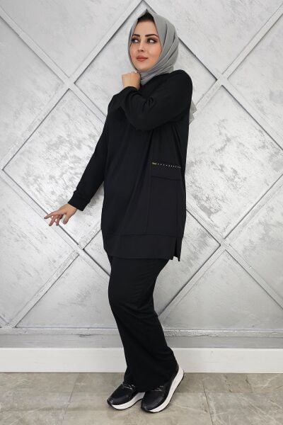KADIN CEBİ TAŞ DETAYLI TESETTÜR TAKIM SİYAH - 2XL