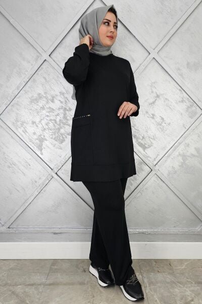 KADIN CEBİ TAŞ DETAYLI TESETTÜR TAKIM SİYAH - 2XL