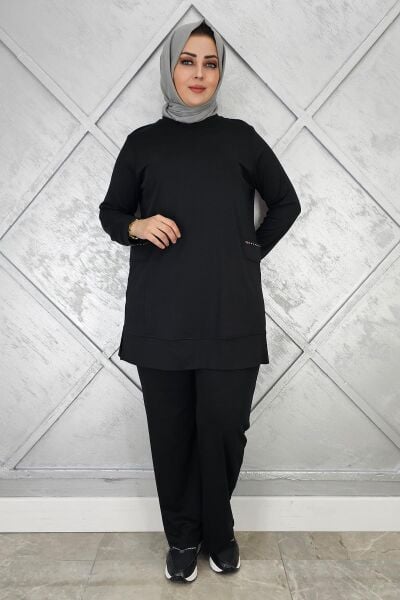 KADIN CEBİ TAŞ DETAYLI TESETTÜR TAKIM SİYAH - 2XL