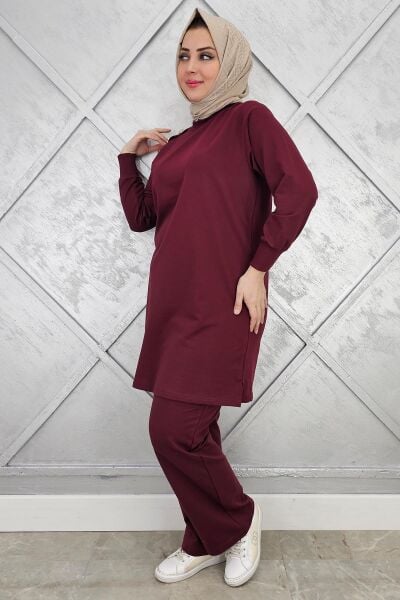 KADIN OMUZ DÜĞME DETAYLI TESETTÜR TAKIM BORDO - XL
