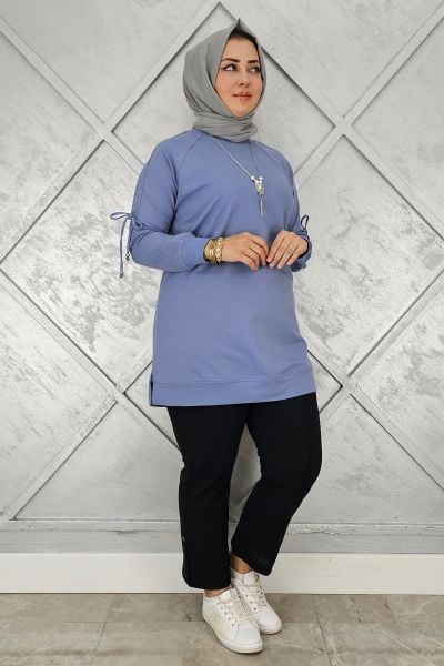 KADIN KOLU AKSESUAR DETAYLI TESETTÜR TUNİK MAVİ - 5 BEDEN