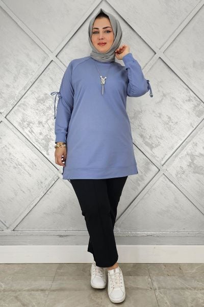 KADIN KOLU AKSESUAR DETAYLI TESETTÜR TUNİK MAVİ - 5 BEDEN