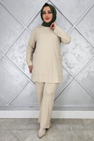 KADIN CEBİ TAŞ DETAYLI TESETTÜR TAKIM BEJ - 3XL