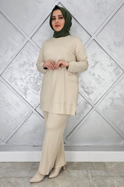 KADIN CEBİ TAŞ DETAYLI TESETTÜR TAKIM BEJ - 3XL