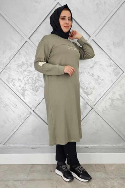 KADIN BASKI DETAYLI TESETTÜR TUNİK HAKİ - 5 BEDEN
